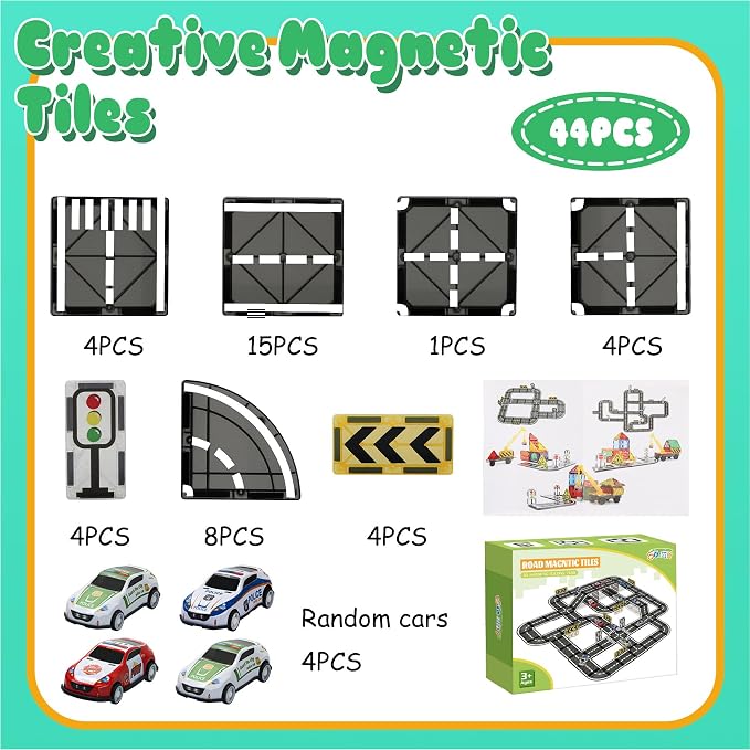 Magnetic Tiles Road Set with Pullback Car for Kids Ages 4-8 Boys Stem Toys | Magnetic City Expension Set,Race Track,Preschool Magnet Blocks Building Toy for 4-8 Year Old,Autism Learning Montessori Gifts