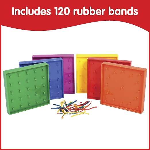 edxeducation Double-Sided Geoboards, Set of 6 with Rubber Bands | 5 x 5 Grid/12 Pin Circular Array, Math Resources, Fine Motor Skills for Kids