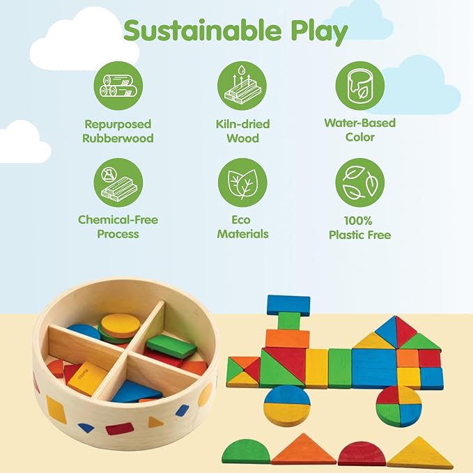 PlanToys® Mosaic Wooden Toy for Toddlers 12M+ Montessori 45 Geometric Pieces
