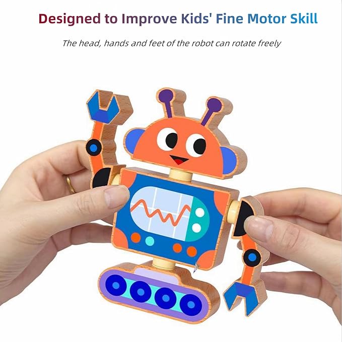 Wooden Snap-Together Building Toys: STEM Building Blocks, Robot Take Apart Playset, Fine Motor Skill Montessori Snap Bots for Kids, Creative Boys & Girls Birthday Back to School Xmas Gift