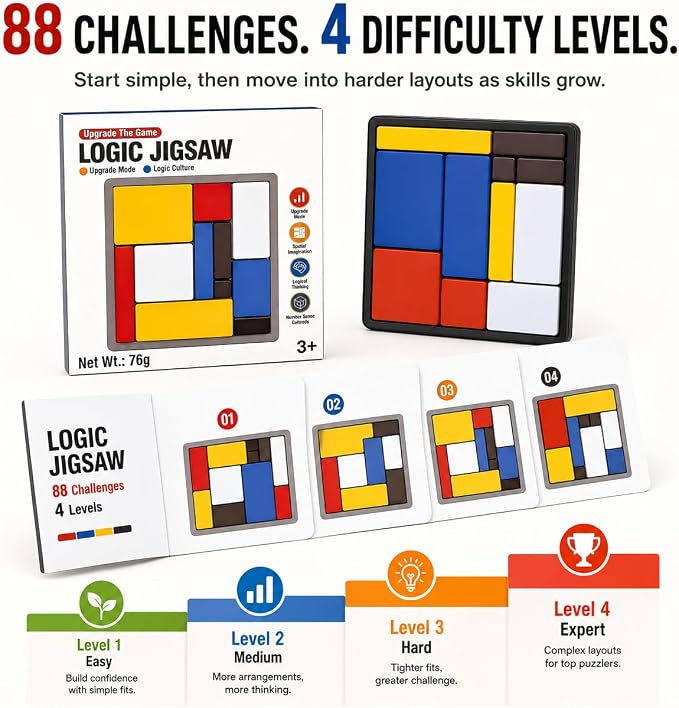 Logic Puzzle Brain Teaser Game for Kids and Adults, 88 Challenges with 4 Difficulty Levels, Portable Travel Puzzle Set for Brain Training and Screen-Free Learning by Sooshoom