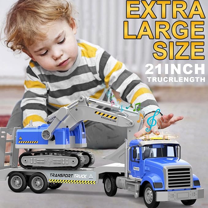 DOWELLIN Transports Trucks Kids Toys, 22" Large Semi Truck Toy Carrier and Excavator Truck with Sound&Light,Friction Powered Cars Toys Vehicle Birthday for Boys Girls 3 4 5 6 7 8+