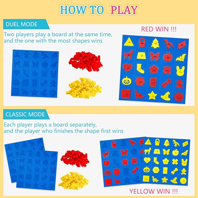 Shape Matching Board Game for Kids 5+ Sorting Shapes and Pieces Puzzle Toy Solo or 2-Player Duel Mode Preschool Games Gifts for Classroom Birthday Back to School Halloween Thanksgiving Christmas
