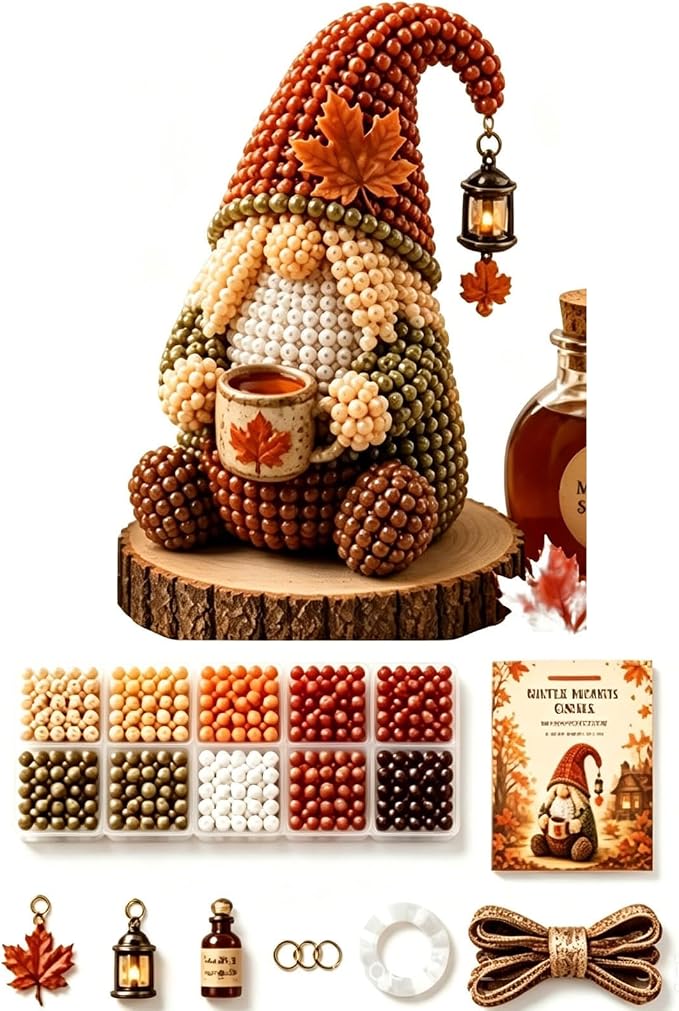 3D Beaded Gnome Craft Kit, 7.1in Non Slip Stable Structure Bead Threading Project Box, Handmade Gnome DIY Toy Set with Charms for Kids Ages 6 Plus Adults
