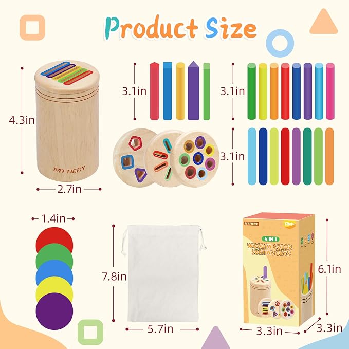 4 in 1 Wooden Color Sorting Toy, Montessori Toys for 2 3 4 Year Old | Fine Motor Skills Preschool Learning Sensory Toys for Toddlers 1-3, Educational Sorting Matching Games, Baby Boys Girls Gifts