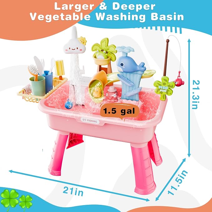 Toddler Water Table for 1-3 Year Old - Upgraded Electric Pump Water Toys, Outdoor Sensory Play Sand & Water Table, Kitchen Sink Toy with Running Water & Fishing Game, Summer Gifts for Boys Girls(Pink)