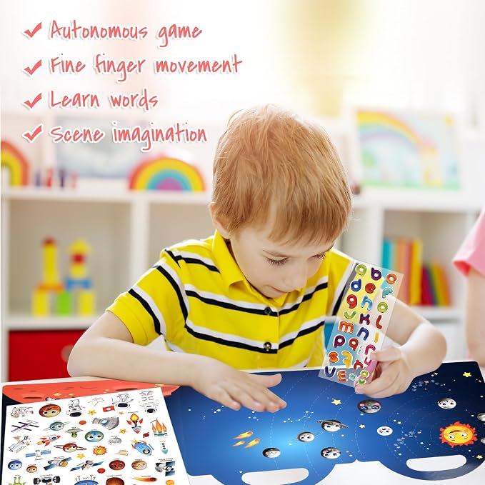 Space Sticker Book Toys, Travel Car Airplane Activities Gifts for Kids | 88 pcs Reusable Sticker,Waterproof Jelly Stickers, Portable Travel Toys,Educational Sensory Learning Toy,Gift for Boy Girl