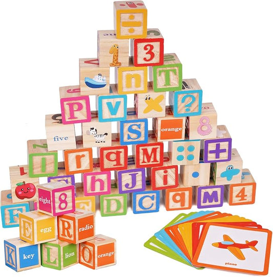 ABC Wooden Building Blocks for Toddlers, Montessori Alphabet & Number Learning Toy for Kid, 36 PCS Preschool Stacking Blocks with Matching Cards for Spelling, Counting, Sorting, Fine Motor Skills