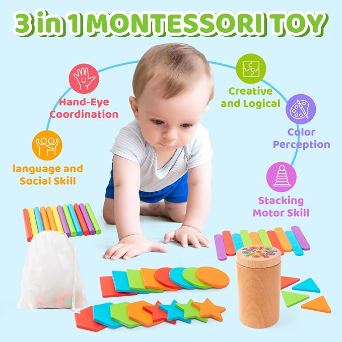 Montessori Wooden Toddler Toys， 3-in-1 Fine Motor Skills Learning Set ，Educational Color Sorting Sensory Toys for 3+ Year ， Teaches Object Permanence & Cause-Effect ，Gifts for Boys & Girls