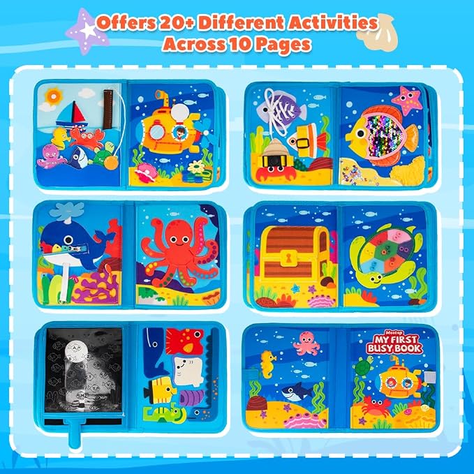Toddler-Busy-Board, 10-Page Ocean Busy-Book, Learning Sensory-Board-Toys | Educational Quiet Activity Book with Sea Animals & Life Skills, Baby Book Sensory Fine Motor Toy for Airplane Car Travel Toys