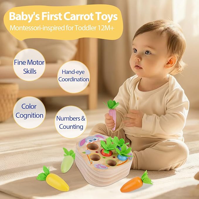 Montessori Toys for 2 3 Year Old Toddlers | Wooden Carrot Harvest Game | Shape Sorting Matching Toys for 18+ Months Baby Boys and Girls, 2st Birthday Easter Gifts for Babies 2 3 (Macron)