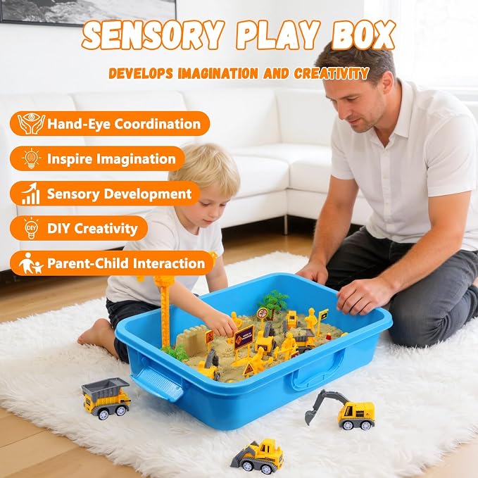 Construction Sensory Sand Kit for Kids 3-8, Sand Bin Sensory Toys | Non-toxic Magic Sand & Construction Tools, STEM Montessori Sensory Toys for Kids, Christmas & Birthday Gifts for Boys Girls