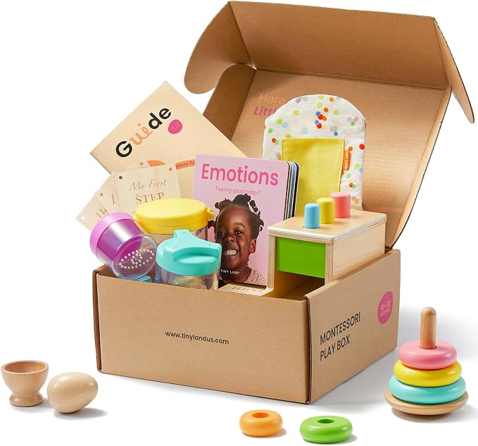 Tiny Land Montessori Toy Set for Babies 1 Year Old Thinker Play Kit- 5-in-1 Wooden Learning Toys with Peg Drop Box, Rocking Stacker, Egg Cup, Canister Set, and Crinkle Bag | Peg drop box, rocking stacker, egg cup, canister set, crinkle bag, wooden lear...
