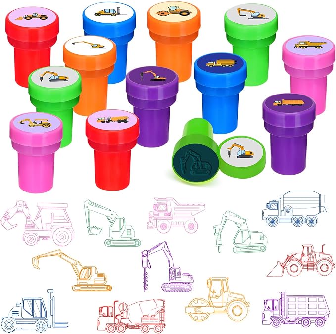 Cinrobiye 24 Pcs Construction Stampers Party Favor Set, Cute Building Site Stamps for Kids Birthday Party, Classroom Rewards, Educational Toys, Goody Bag Fillers, Construction Themed Party Supplies