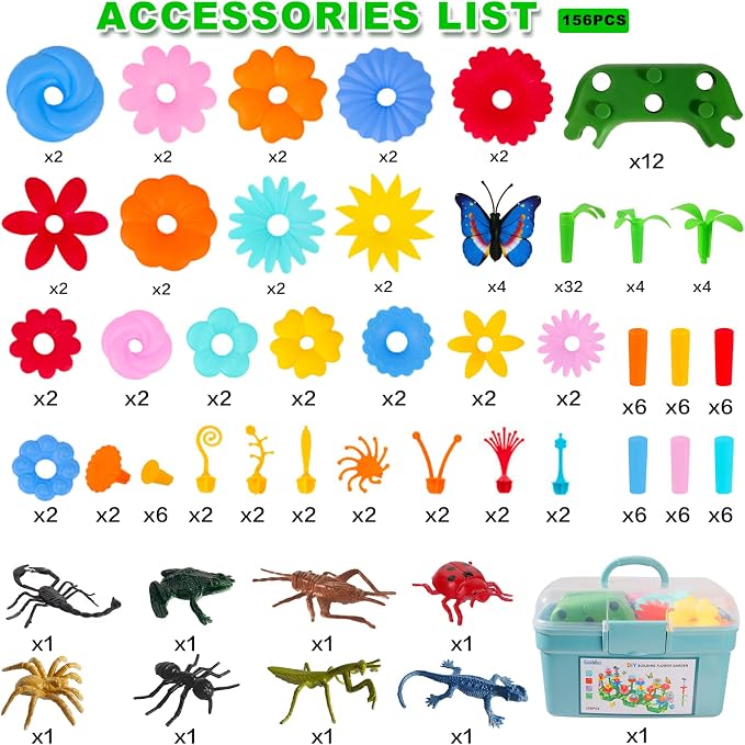 Birthday Toys Gifts for 2 3 4 5 6 Years Old Toddler Girls Boys, 156 PCS Insect Flower Garden Building Educational STEM Learning Pretend Play Gardening Set, Birthday Gifts for Preschool Kids Age 2+