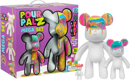 Pour Palz DIY Paint Pouring Kit, Create Custom Art with XL & Standard & Keychain Figure, 5 Acrylic Pour Paints -Fun Creative Hobby for Kids & Adults, Unique Collectible Craft Set, Mega Pack, Ages 5+