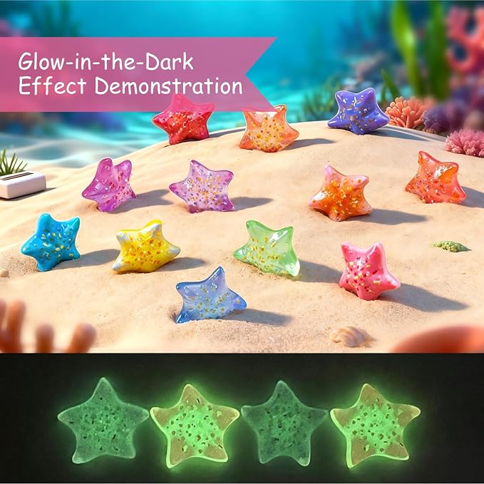 60Pcs Mini Resin Starfish Figurines Tiny Sea Shell Star Figure for Crafts | Bulk Star Fish Shells Aquarium Decorations, Glow in the Dark, 12 Styles 5 Pieces Each, estrellas de mar para decoración