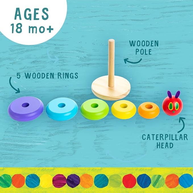 World of Eric Carle, The Very Hungry Caterpillar Wooden Stacker with Colorful Rainbow Rings, 7 Inch Stacking Solid Wood Educational Developmental Toy –Sorting and Stacking