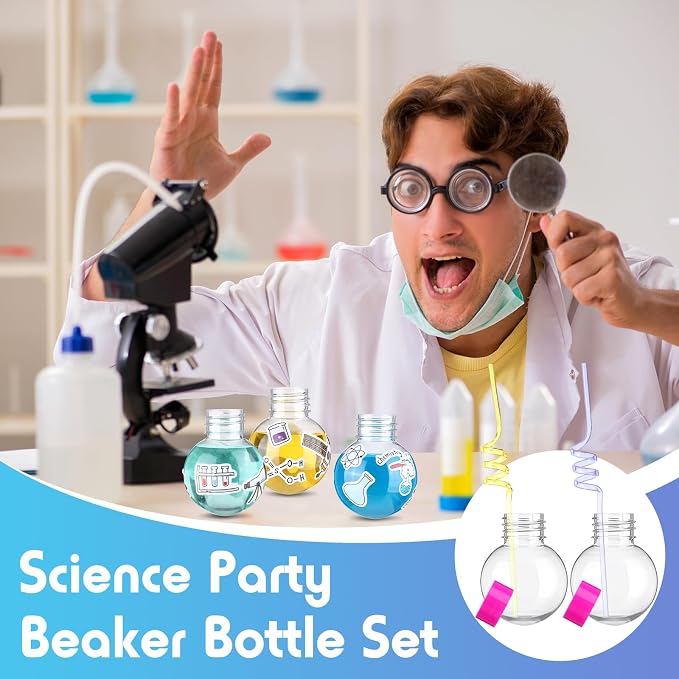 Jingmore 36 Pcs Science Party Theme Cups Set with Silly Loop Straws Science Stickers Plastic Reusable Small Conical Flask Bottles Test Tubes for Birthday Party Decorations(Spherical Bottles)