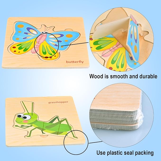 Faburo Wooden Puzzles for Toddlers 1-3, 8pcs Shapes, Insect Animal Themed Montessori Toys for 1 Year Old Learning, Educational Preschool Toys for Boys Girls | Montessori Toys for 1 Year Old Learning, Educational Preschool Toys for Boys Girls