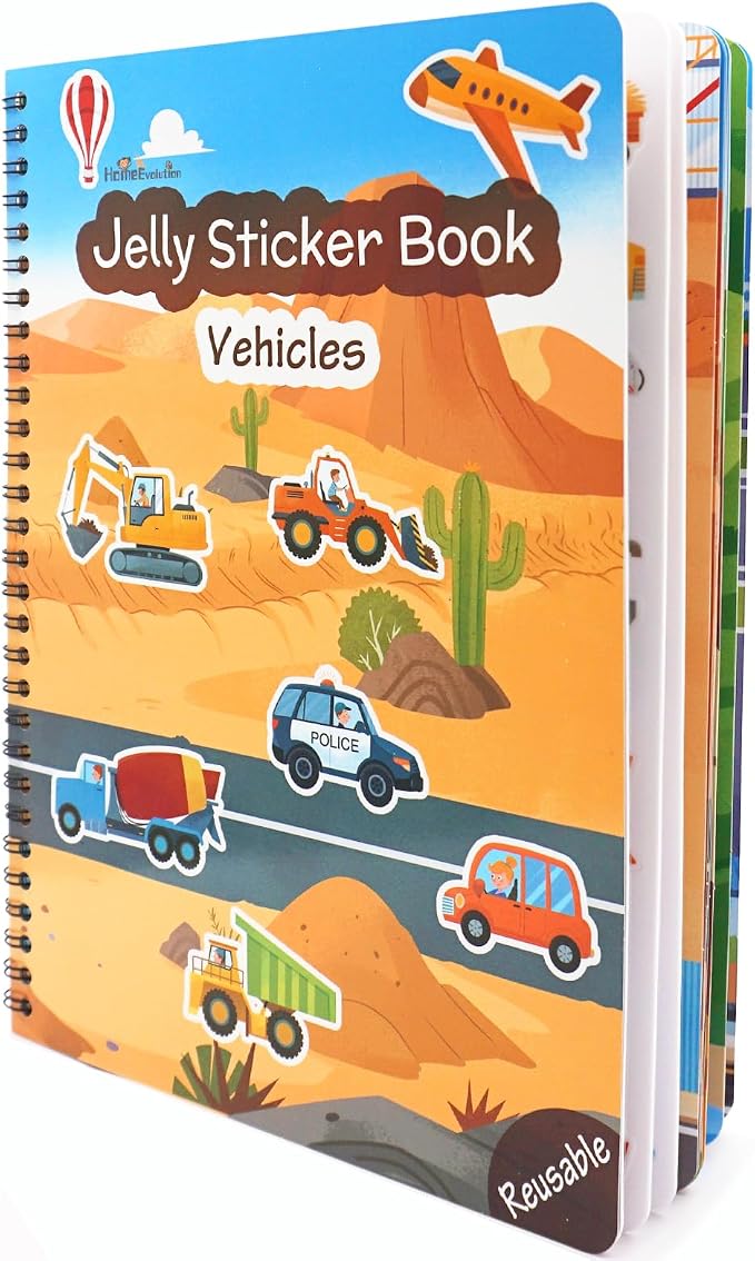 Reusable Sticker Book for Toddlers – Vehicles & Construction, 3 Sheets Washable Car Truck Jelly Stickers, 9 Play Scenes Sticker Activity Book for Kids, Road Trip Travel Toys