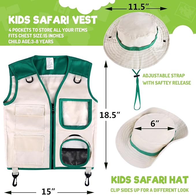 Kids Explorer Kit – Bug Catcher with Binoculars & Safari Costume Vest | 16pcs with 6 Realistic Insects, Bug Container, Safari Hat. Perfect Costume to Be a Zookeeper, Paleontologist, Ideal for 3-12