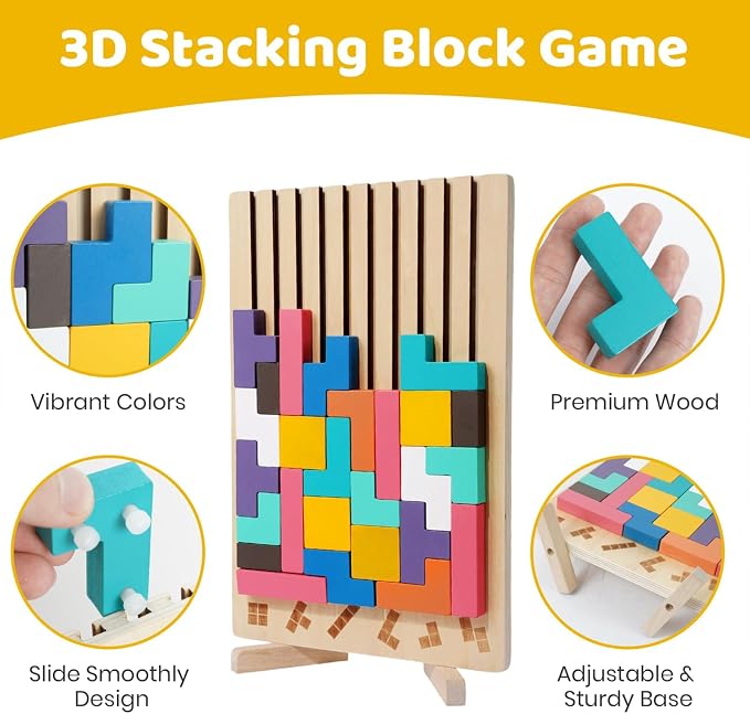 Montessori Brain Blocks Kids Wooden Stacking Toys 3D Tetris Puzzles | 42 PCS Colored 3D Russian Block Puzzle with Cards & Bag, Educational Montessori Toys Jigsaw Stack Game Board for 3-8 Year Old