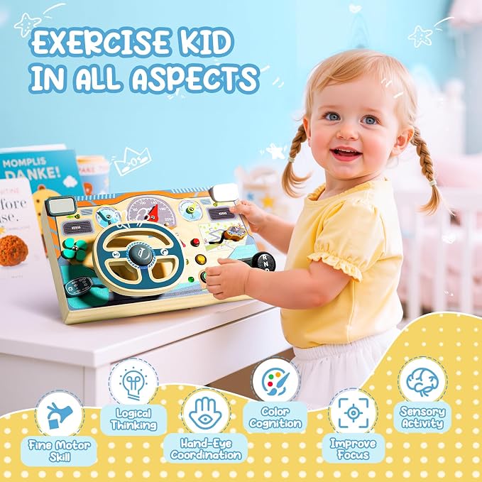 Busy Board for 1 2 3 Year Old, Montessori Toys Wooden Toddler Sensory Toy | Busy Board with LED Lights Sound Switch, Activity Travel Toy, Steering Wheel,Toddler Toy Christmas Birthday Gift for Boy Girl