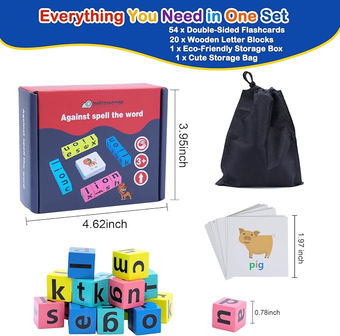 Spelling Games for Kids Ages 3-8, Learn to Read Phonics & Word Building Game with 40 Flash Cards, 16 Wooden Letter Blocks for Screen-Free Family Fun & Preschool Classroom Learning