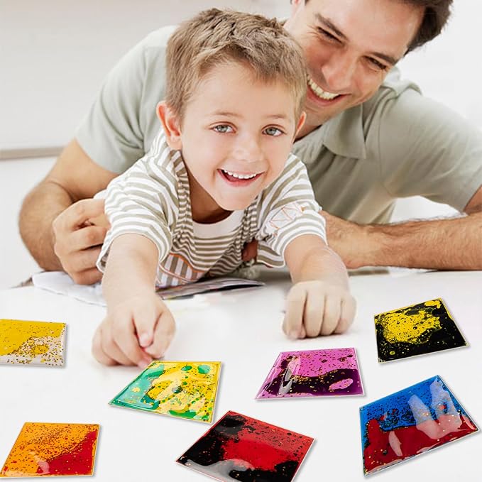 Art3d Square Sensory Fidget Multicolor Liquid Motion Tiles, 6" x 6", 12-Pack | Lightweight, Boost Focus, Relieve Anxiety, Eco-Friendly, Varied Colors & Shapes, Suitable for Kids, Teens