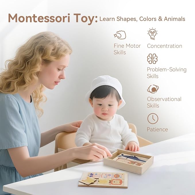 Wooden Animal & Career Matching Puzzles for Ages 3+, Chunky Pieces with Storage Box, Montessori Preschool Learning Toy for Fine Motor & Vocabulary, Birthday