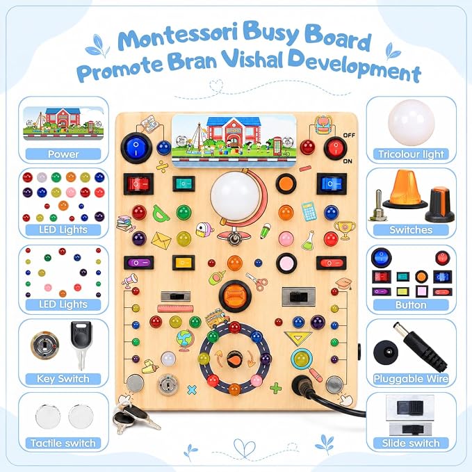 Busy Board with LED Light Switches, Montessori Toys for 1 2 3 Years Old, Toddlers Wooden Toy Sensory Activity Board, Travel Toys for 1+ Year Old Boy & Girl Birthday Gift (School 19 Switches)