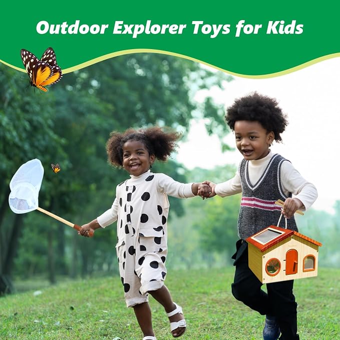 SimpliPlay Kids Explorer Kit & Bug Catcher for Kids, Outdoor Toys | Portable Wooden Bug Habitat, Butterfly Net, Magnifier, Observation Cup, 15 Insect Cards for Toddler 3-8 Year Old Boy Gift