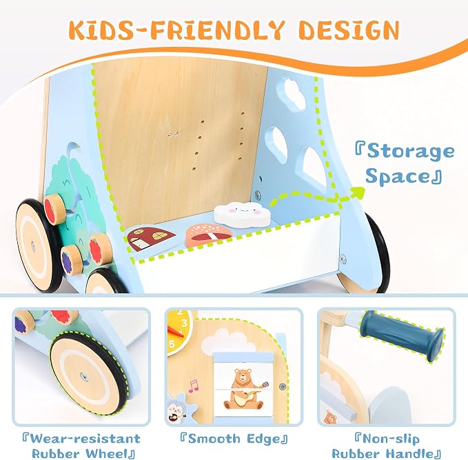 Baby Walker with 7-in-1 Montessori Activity Center for Toddlers | Wooden Baby Walker with Wheels Includes Montessori Sensory Toys and Activity Center 6-18 Months for Boys and Girls