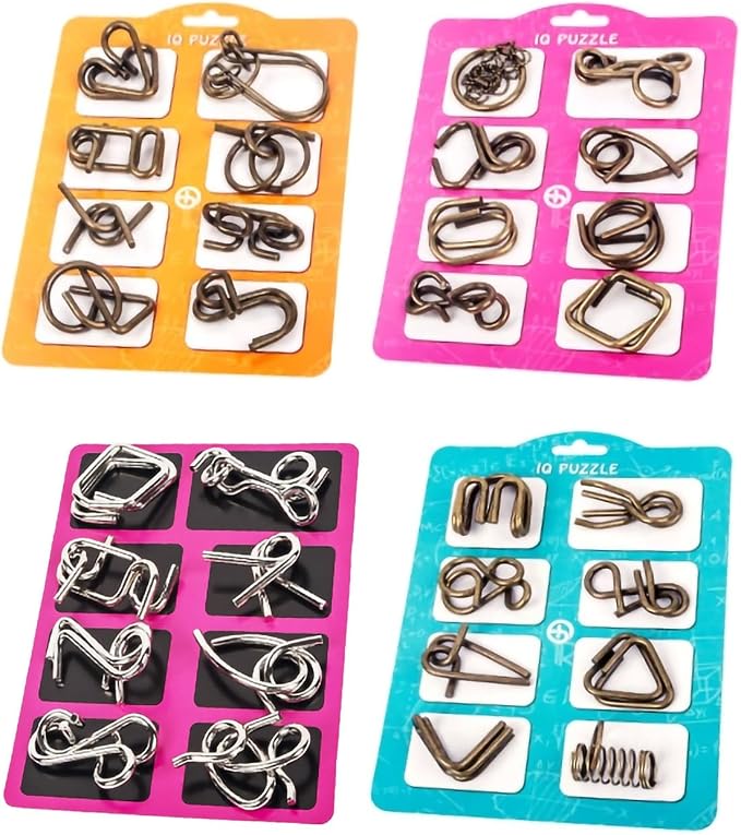 Ahyuan Metal Wire Puzzles Set 32 with Pouch Large Thick Brain Teaser Puzzles Fidget Toys IQ Test Mind Games Toys Magic Trick Toy Metal IQ Puzzle Party Favors for Kids Adults (Bronze)