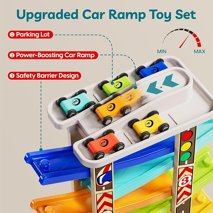 TOP BRIGHT Wooden Car Ramp with 6 Cars, Montessori Toy for Ages 1-3 | 6-Lane Ramp With Garage & Bridges, Includes 6 Mini Cars for Racing, Montessori Toy for Boys & Girls