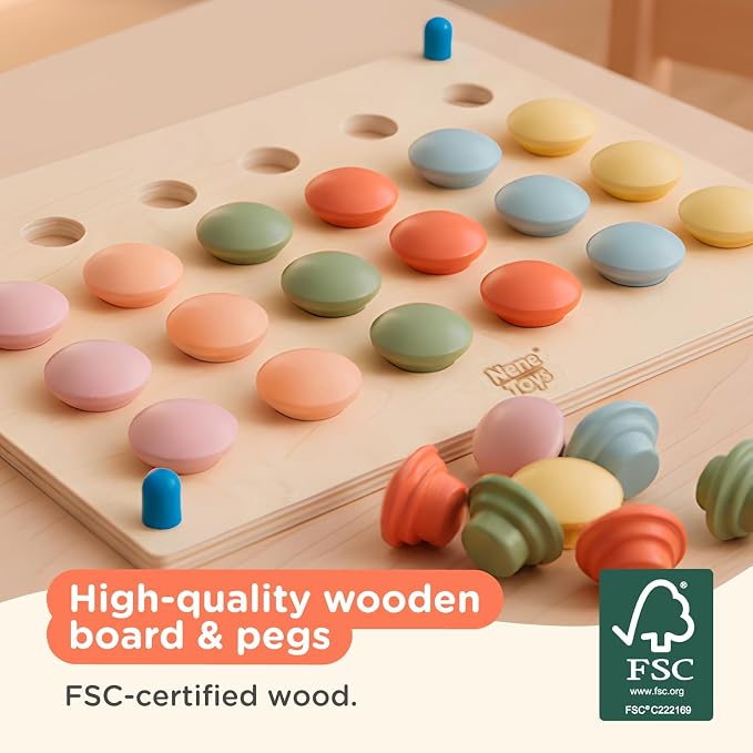 Nene Toys Wooden Color Matching Pegboard for Toddlers 2+ - Pastel Button Art Mosaic Puzzle with 24 Wooden Pegs & 12 Pattern Cards - Montessori Fine Motor Toy for 2 3 Year Old Boys Girls