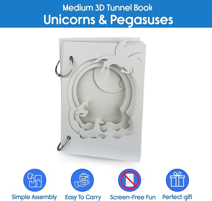 Unicorns & Pegasus Mini 3D Tunnel Book – Hands-on Paper Craft Kit | Build, color & create a pop-in book! Mini animals, watercolor pastels & water brush included. Portable, screen-free fun! 3+