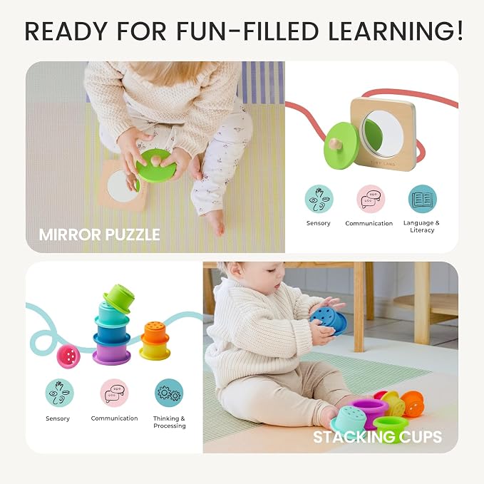 Tiny Land Montessori Toy Set for Babies 7-9 Months Senser Play Kit - 5-in-1 Wooden Learning Toys with Object Permanence Box, Sensory Ball, Stacking Cups and Mirror Puzzle,Body Board Book | Object permanence box, sensory ball, stacking cups, mirror puzz...