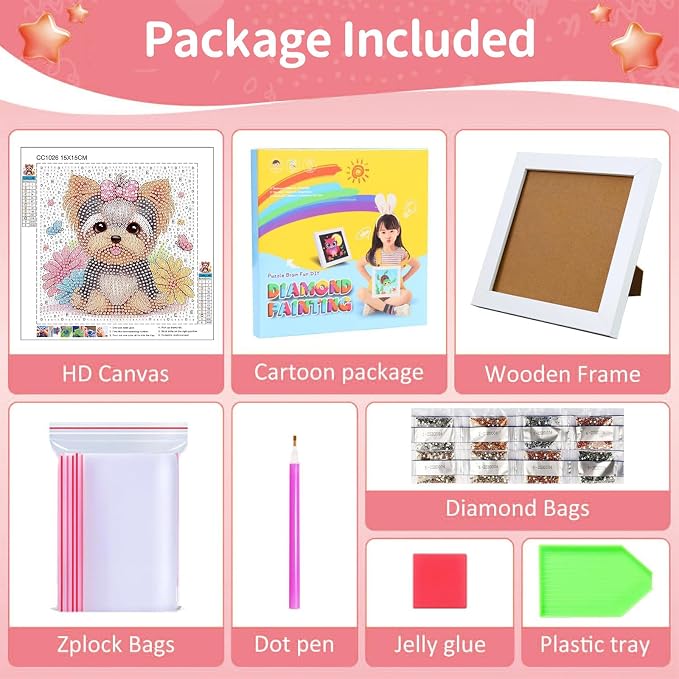 Gemozaic Dog Diamond Art Kits for Kids Ages 8-12 with Frame, 7 x 7 Inch | Cute Yorkshire Diamond Art for Kids 10 Year Old, DIY Easy Kid Big Gem Painting, Puppy Arts and Crafts for Girl Birthday Gift
