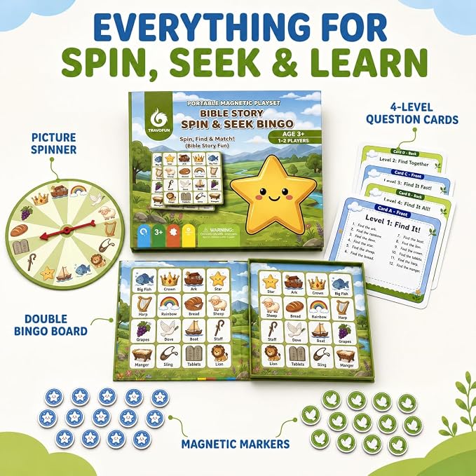 Travofun Magnetic Bible Story Spin & Seek Bingo Game for Kids Ages 3-8 | Portable Christian Learning Toy with Spinner & Question Cards | Interactive Travel Game for Road Trip