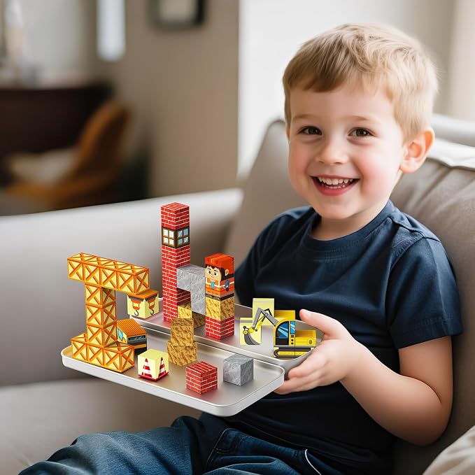 WMDXU Magnetic Cubes Boys Travel: Engineering Building Set with Storage Box | 35PCS Engineering-Themed Magnet Cubes, Hands-On Construction Fun for Boys, Road Trip Sensory Toy for Ages 3-8