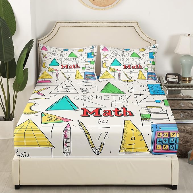 Math Bedding Sets Math Equations Geometric Axis Art Bed Sheets for Kids Toddler,Compasses Calculator School Supplies Fitted Sheet Full,Mathematical Formula School Education Dorm Room Decor
