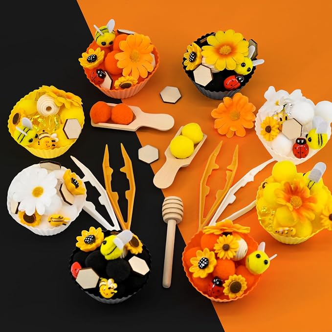 207 Pcs Sunflower Sensory Bin Items Summer Counting Sorting Sensory Bin Filler Fine Motor Sunflower Bee Counts for Summer Counting Sorting