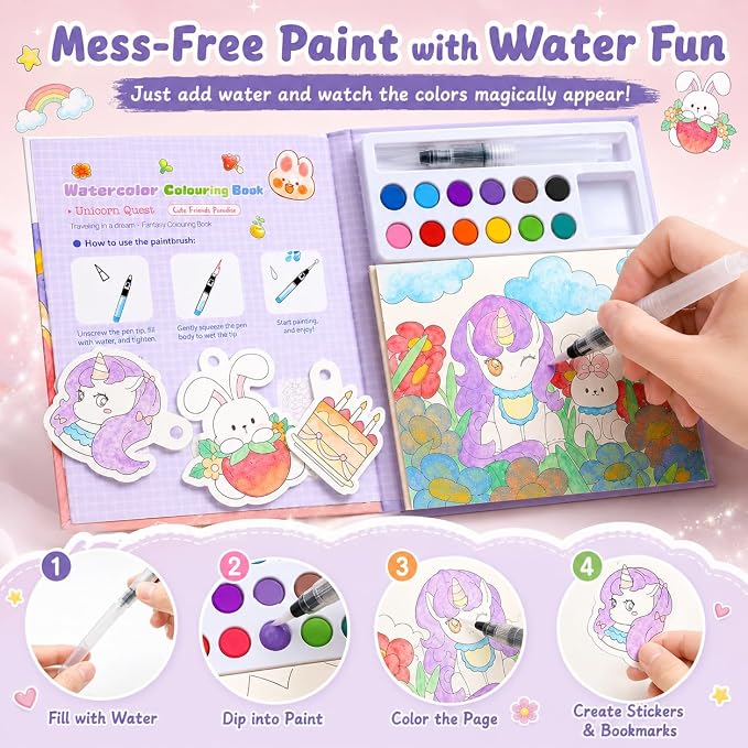 gesboole Paint with Water Coloring Books for Girls Ages 3-8, Unicorn Watercolor Painting Set for Kids Ages 3-5 4-8, Mess Free Arts and Crafts Activity Book, Birthday Gifts Travel Toys for Girls Boys