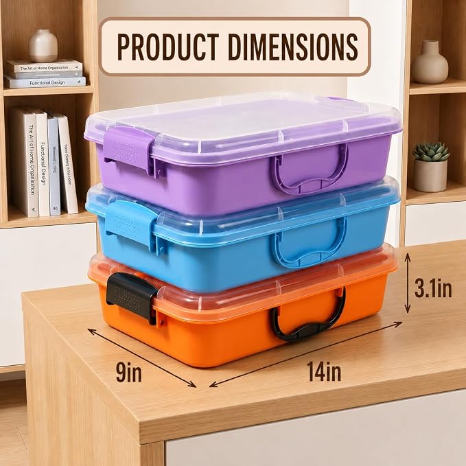 FIIOEOY 3 Pcs Sensory Bin Sand Tray with Lid & 3 Stickers, Stackable Storage Sensory Bin Containers with Lid, Portable Sandbox Organizers for Toys, Sand, Arts, Crafts (Purple, Blue, Orange)