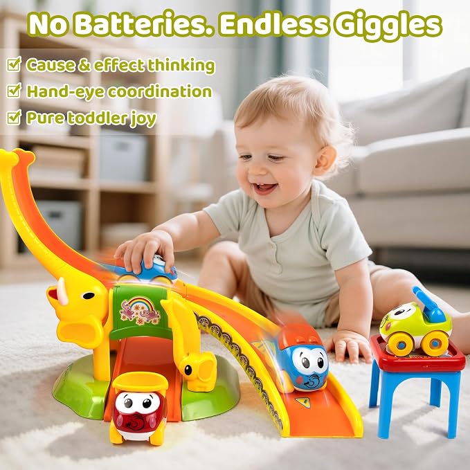 Marstone 1-2 Year Old Toddler Race Track Toy with Animal Push Cars for Boys | Educational Elephant Slide for 12-18 Months Girls, Learning Birthday Gift Toy for Ages 1-3