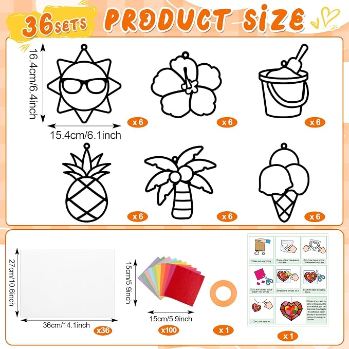 Qyeahkj 36 Sets Summer Suncatchers Crafts for DIY Summer Beach Fruit Tissue Paper Craft Kit Hawaiian Tropical Stained Glass Effect Window Ornaments Decoration for Home Art Project Party Favor Gift