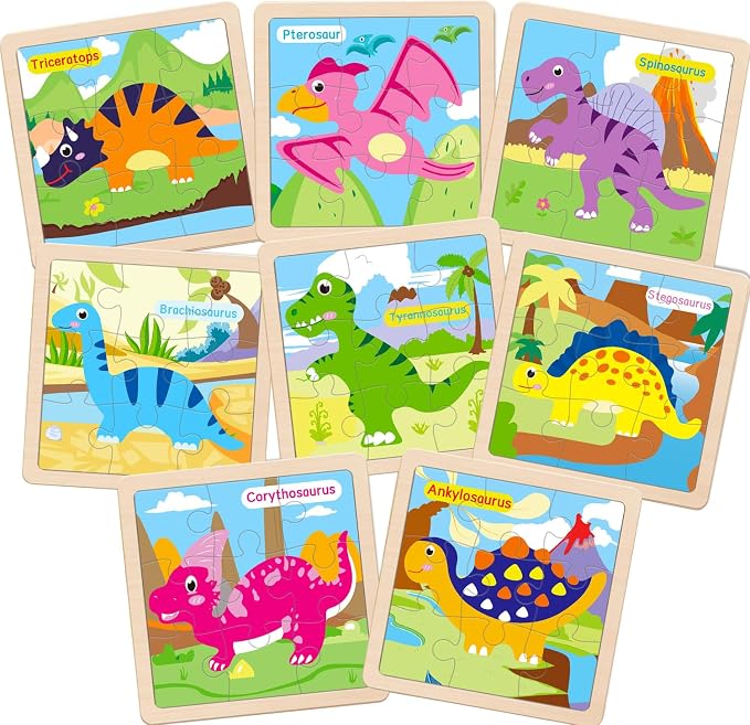 Wooden Puzzles for Toddlers 3+, 9 Pieces Dinosaur Jigsaw Puzzles for Kids Ages 3-5, Preschool Learning Activities, Learning & Educational Toys, Gifts for Boys, Girls