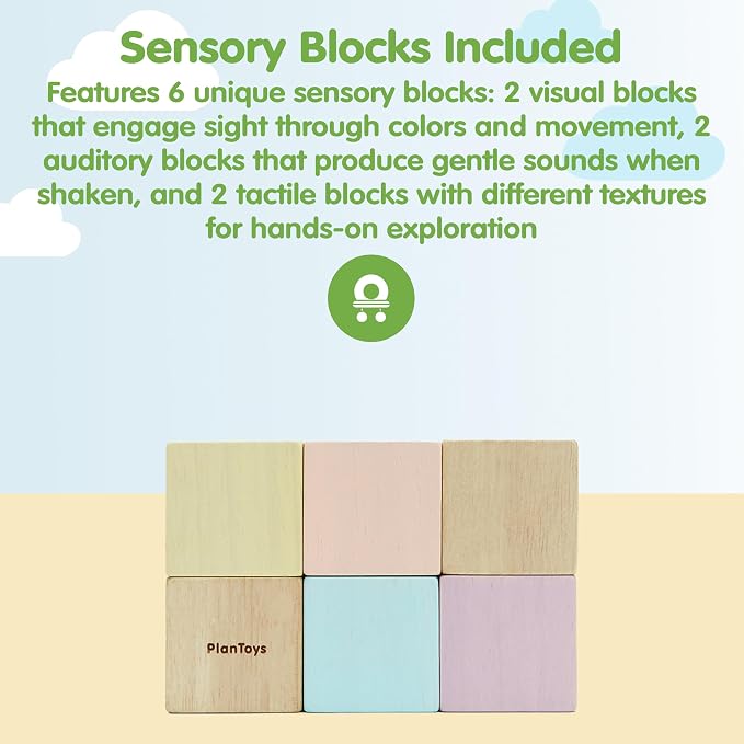 PlanToys® Sensory Blocks Wooden Learning Toy Montessori Kids Educational | tactile shapes, audio pieces, sensory blocks for toddlers 1-3, girls, boys, visual fine motor cognitive gift preschool set